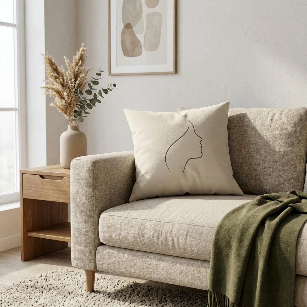 Minimalist beige pillow with woman profile line art on a neutral sofa in a cozy lifestyle living room setting with earth tone decor.
