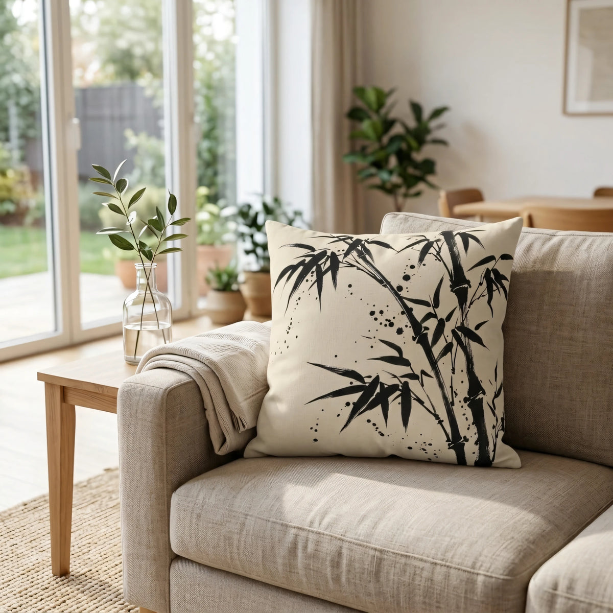 Bamboo Ink Splatter Pillow Cover, lifestyle view.