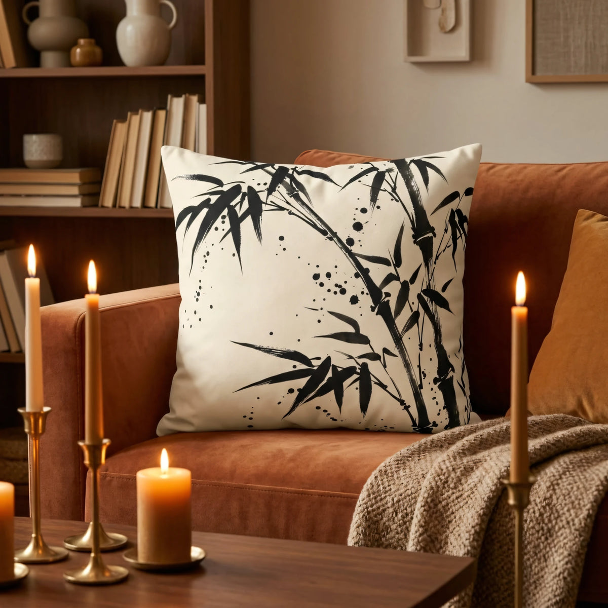 Bamboo Ink Splatter Pillow Cover, lifestyle view.