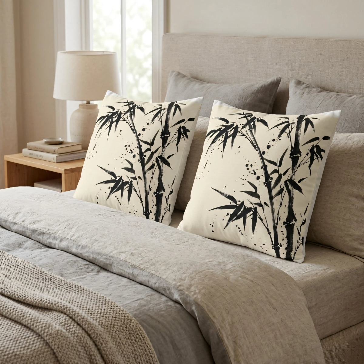 Bamboo Ink Splatter Pillow Cover, lifestyle view.