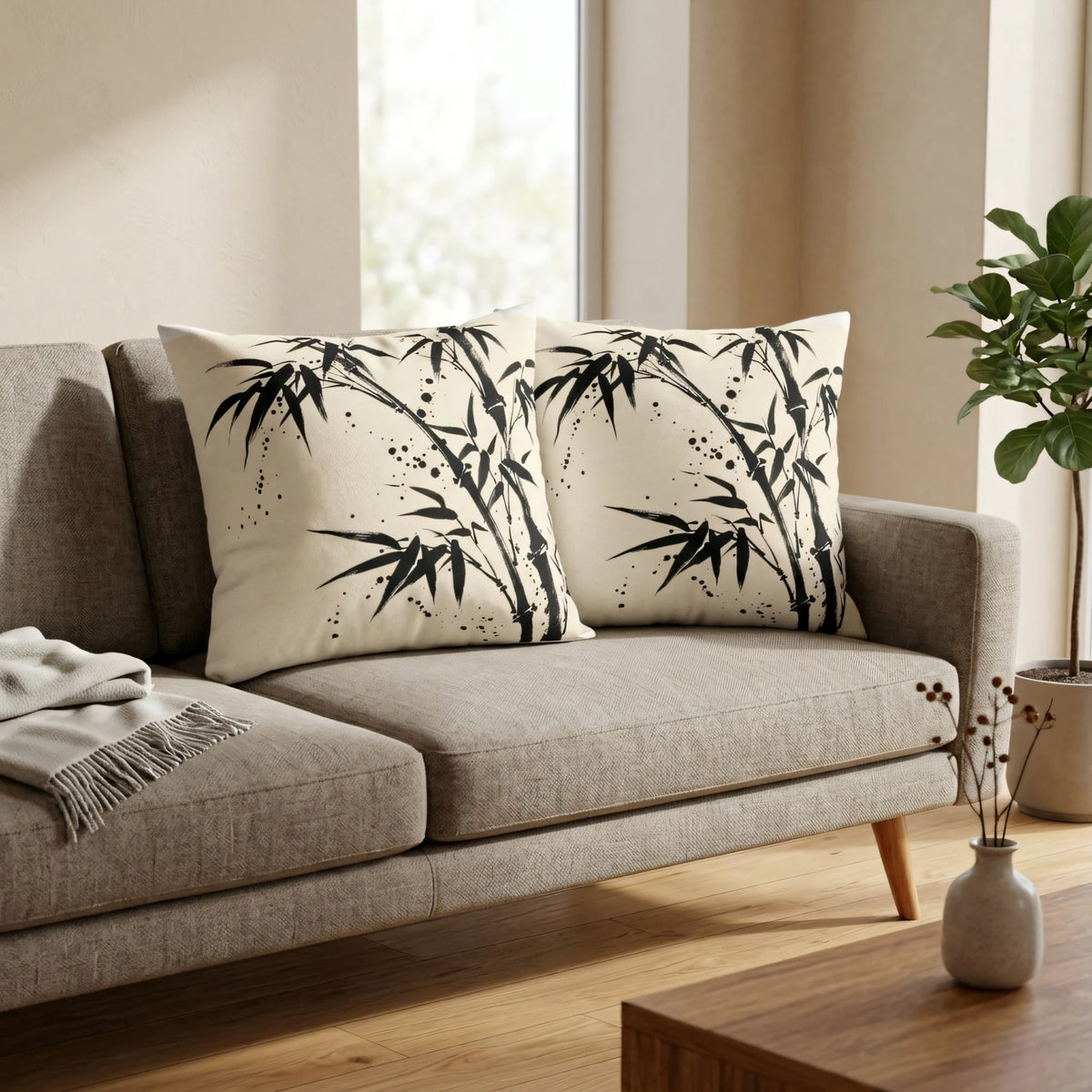 Bamboo Ink Splatter Pillow Cover, lifestyle view.