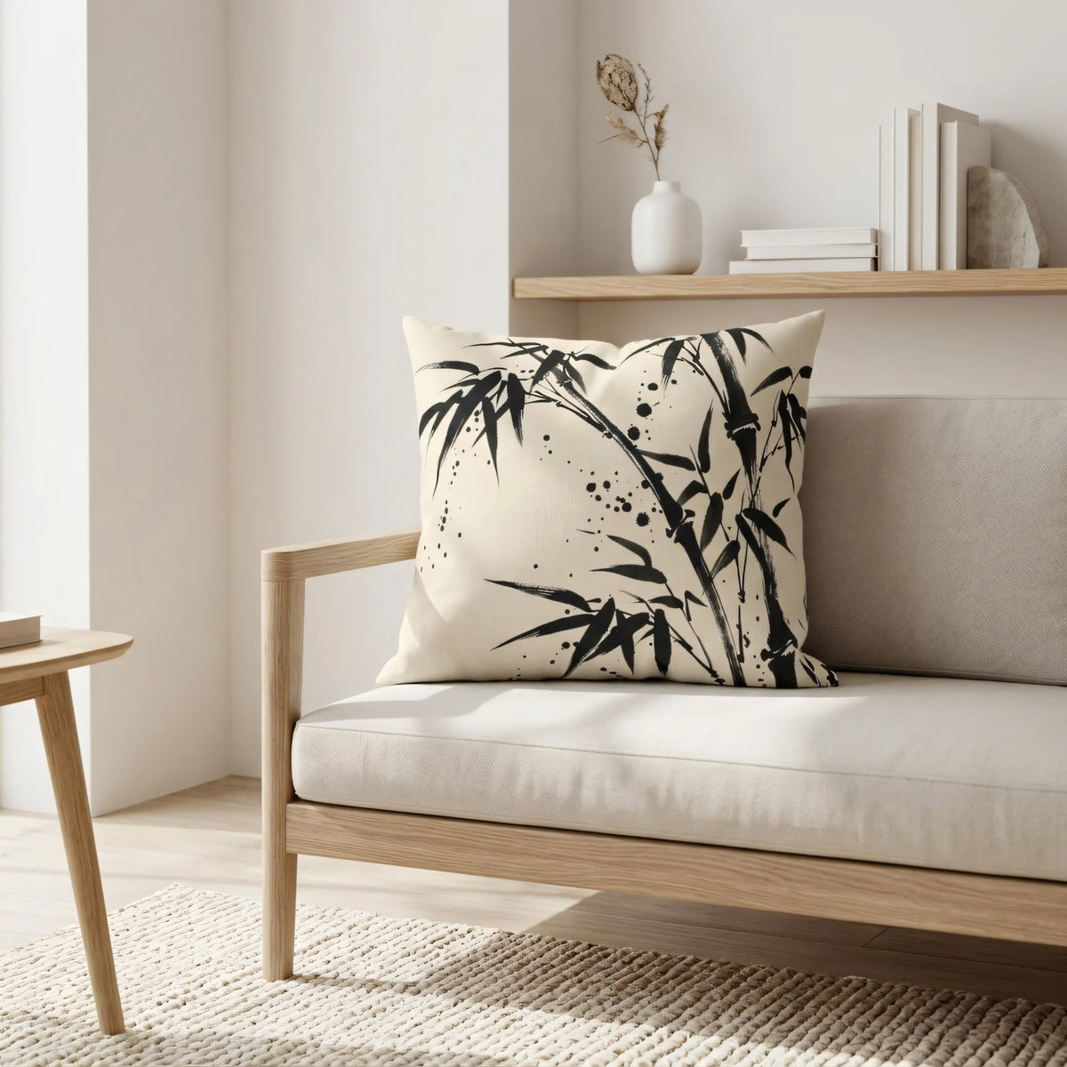 Bamboo Ink Splatter Pillow Cover, lifestyle view.