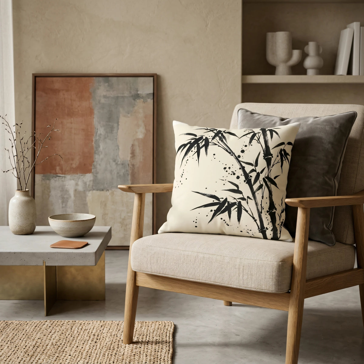 Bamboo Ink Splatter Pillow Cover, lifestyle view.