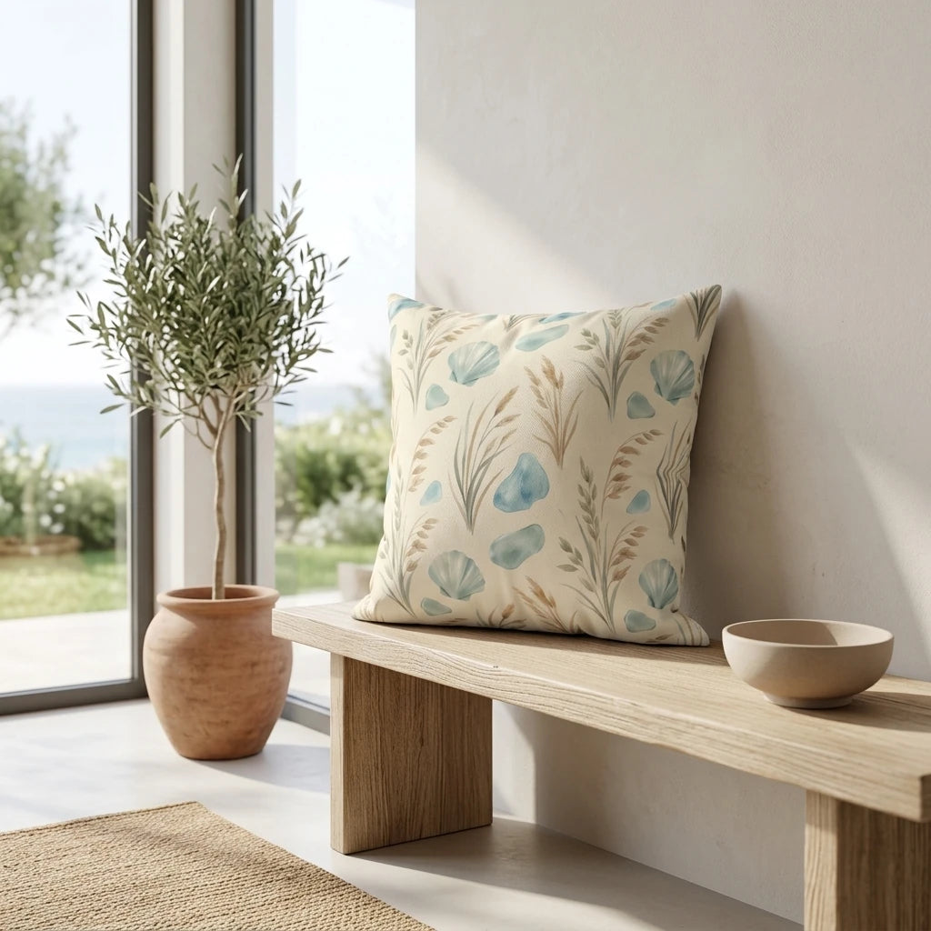 Decorative throw cushion with blue seashell pattern on a wooden bench in a bright sunlit room with an olive tree and coastal view.