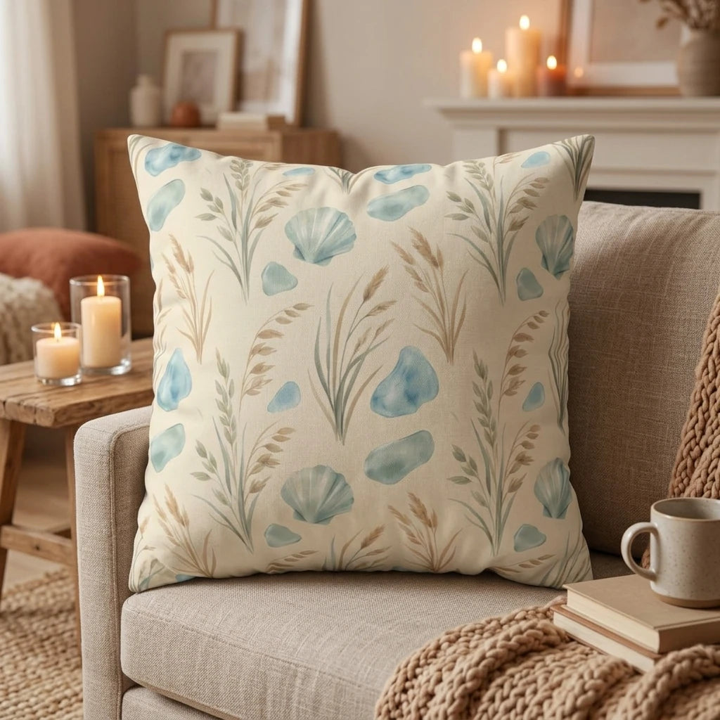 Cream decorative pillow with blue seashell and seagrass pattern on a beige sofa in a cozy, warm-lit living room scene.