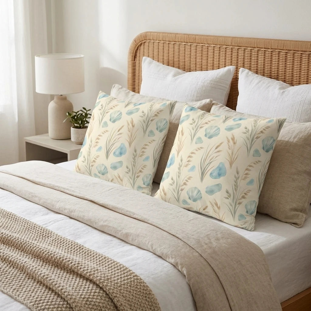Pair of decorative throw pillows with a blue seashell and beach grass pattern, styled on a bed with a wicker headboard and neutral bedding.