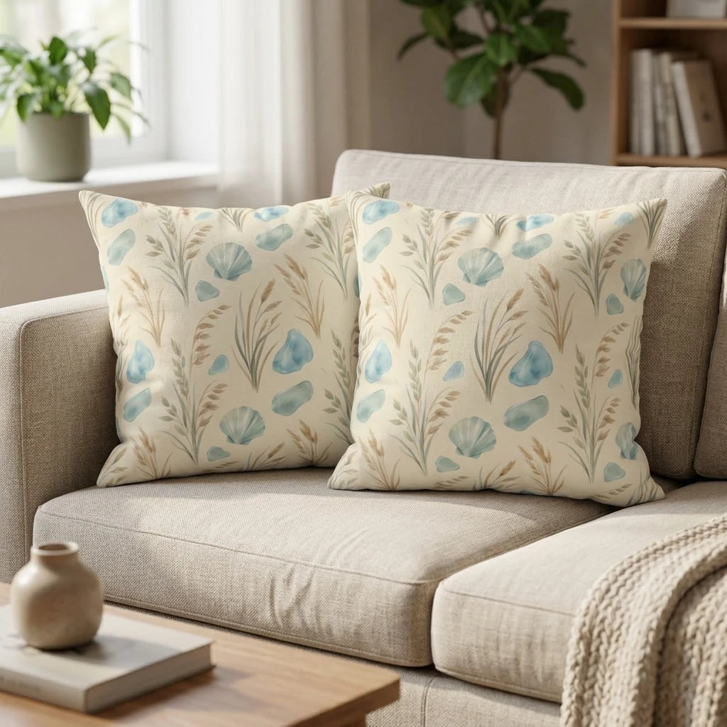 Pair of accent cushions with a coastal watercolor pattern of blue shells and seagrass on a beige couch in a modern, bright living room.