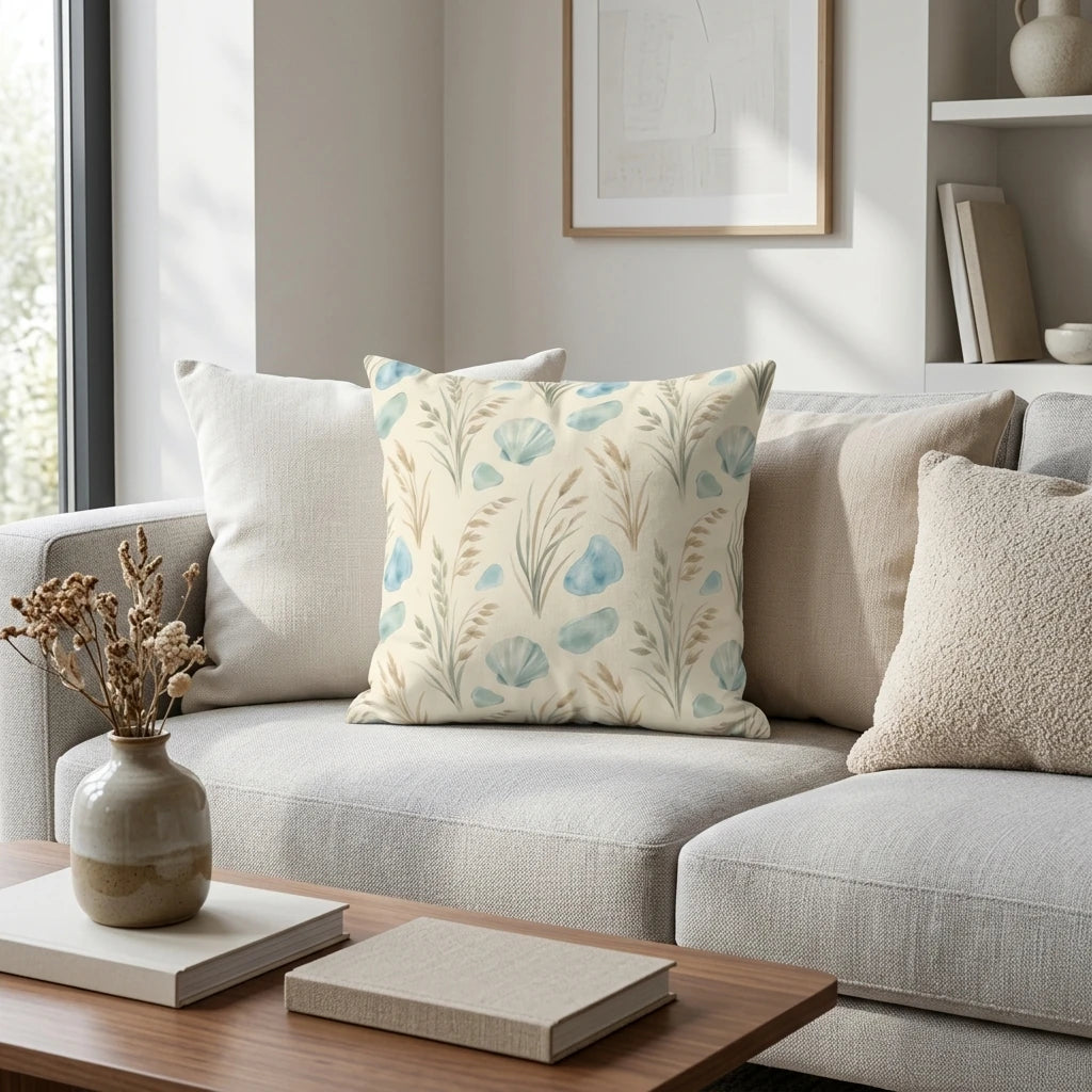 Cream throw pillow with blue beach watercolor pattern of shells and sea grass on a neutral sofa in a modern, light living room.