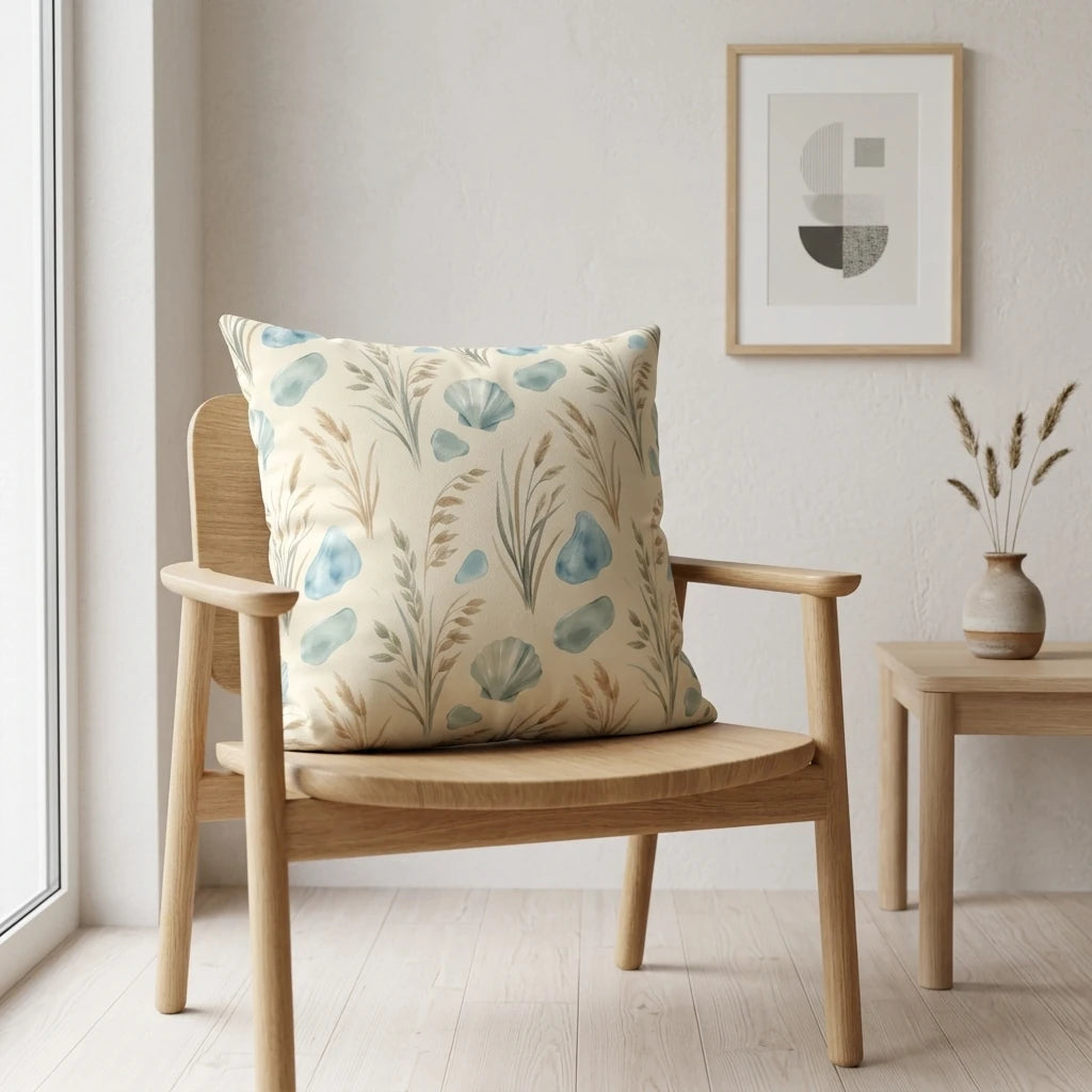 Minimalist coastal throw pillow with blue shells and tan seagrass on a wooden chair in a bright, modern interior setting.