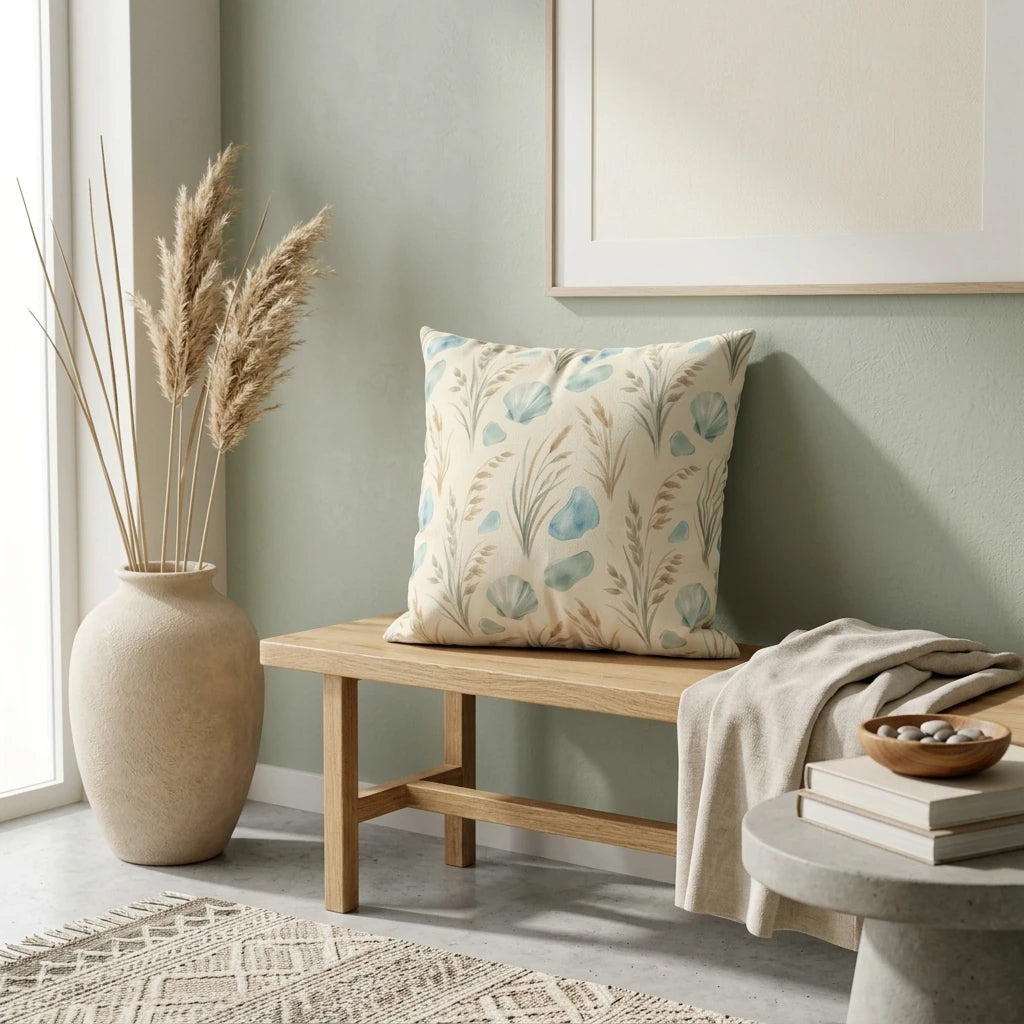Seashell and seagrass pattern decorative cushion on a wooden bench in a neutral room with pampas grass and a soft green wall backdrop.