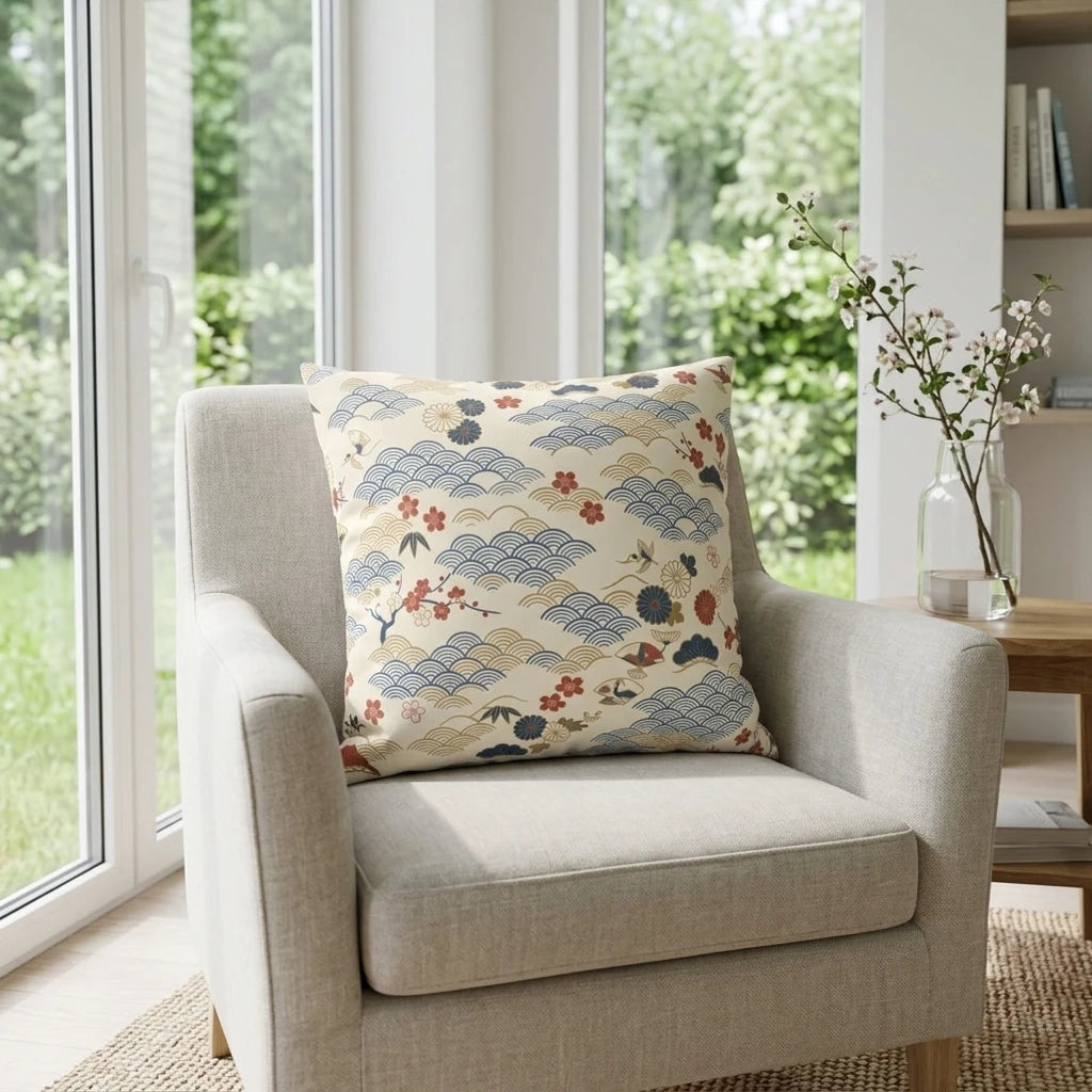 Japanese wave pattern decorative pillow in blue, red, and gold on a light grey armchair in a bright modern living room with large windows.