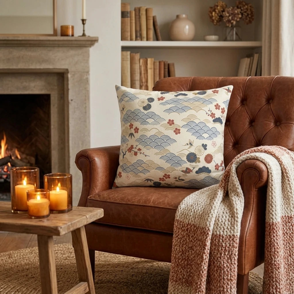 Japanese wave pattern cushion on a leather armchair in a cozy living room with a fireplace and glowing candles. Blue and red floral design.