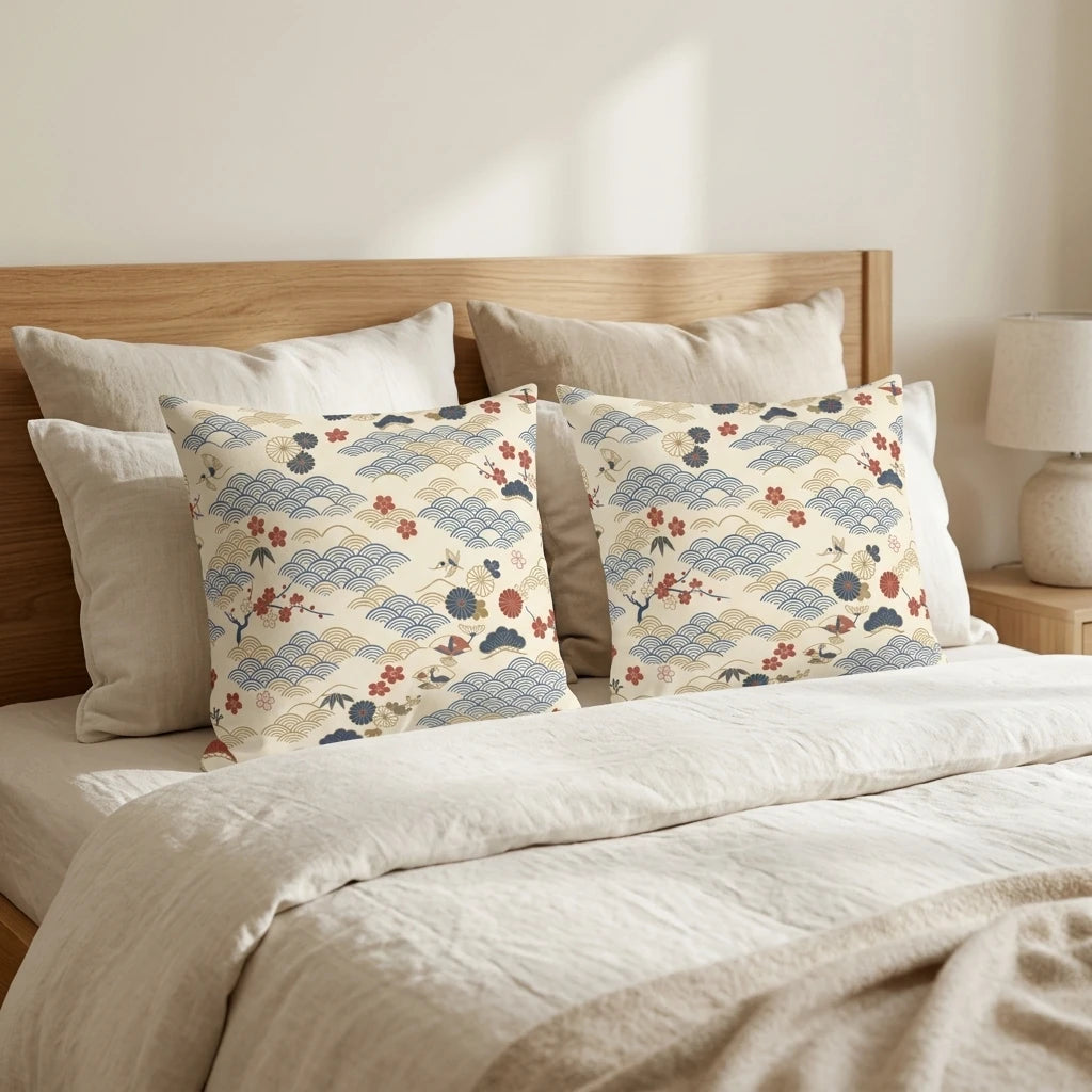 Pair of decorative cushions with Japanese wave and floral patterns in blue and red, styled on a minimalist bed with neutral linens.