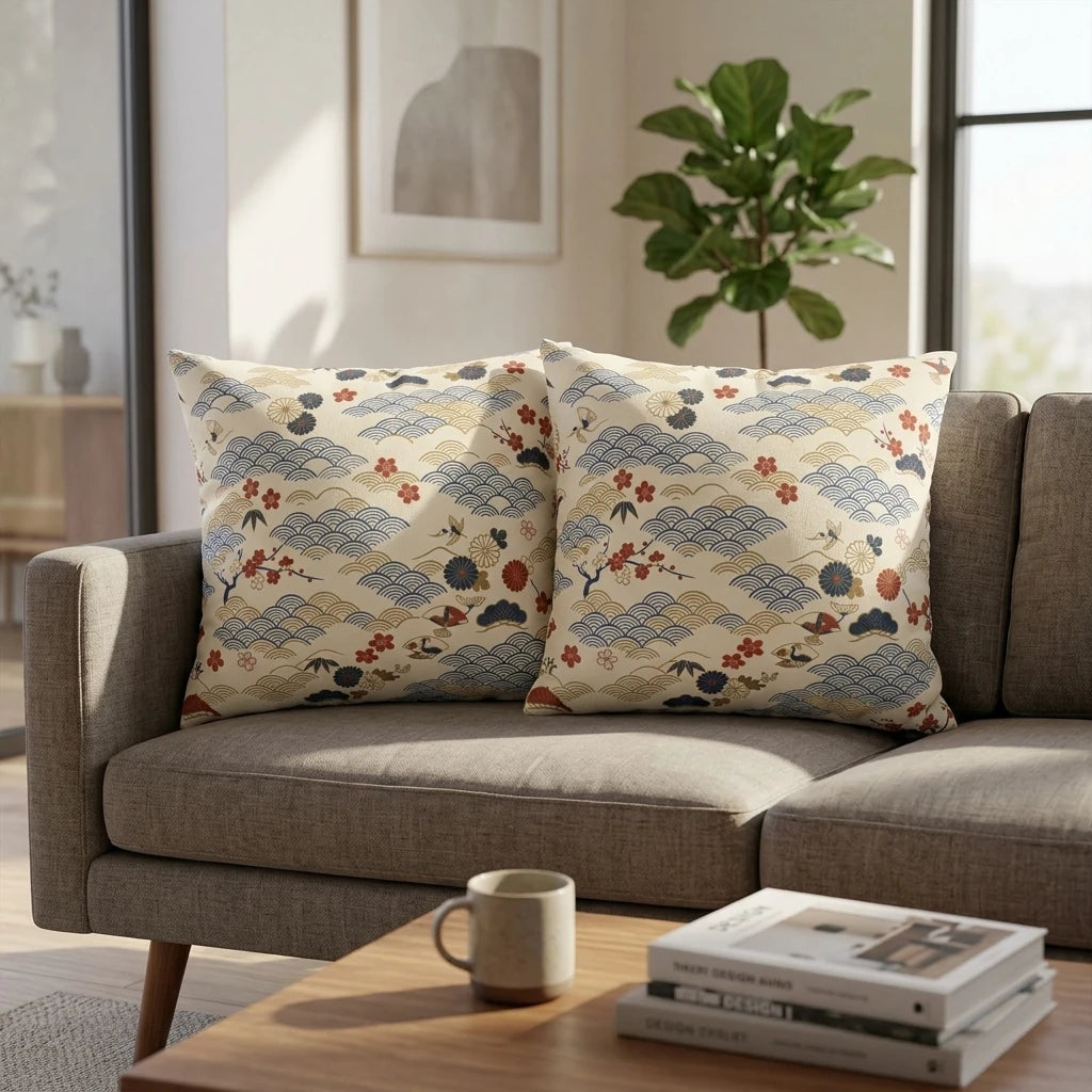 Two cream cushions with a Japanese blue wave and red floral pattern on a grey couch in a modern living room setting.