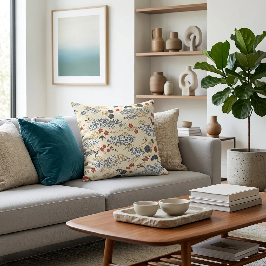 Japanese pattern cushion with blue waves and red flowers on a grey sofa in a modern living room setting with a wooden coffee table.