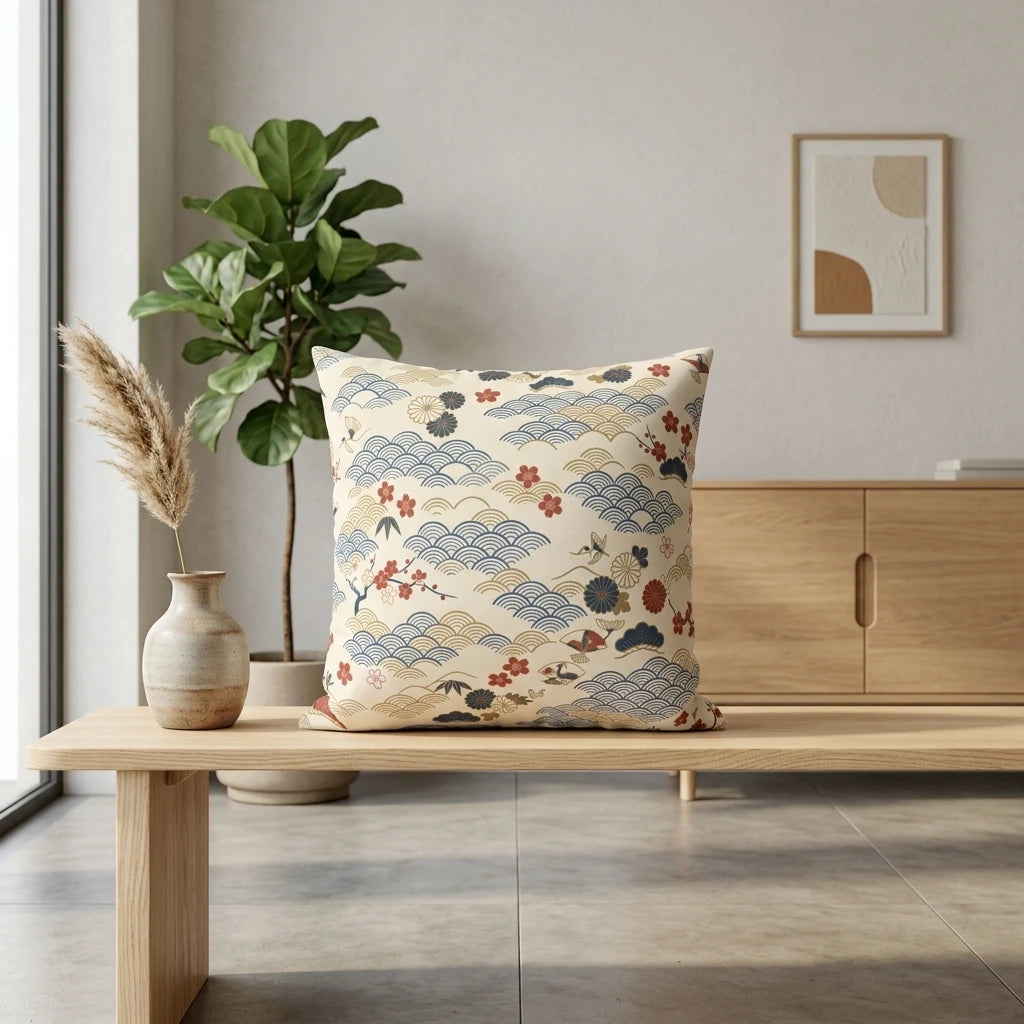 Square cream cushion with blue Japanese waves and red floral patterns, set in a minimalist living room on a wooden bench next to a plant.