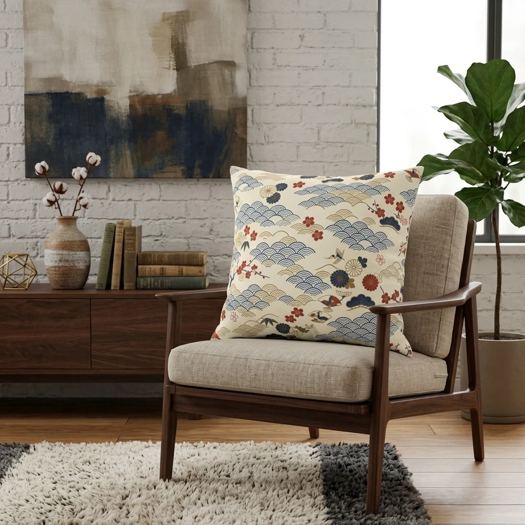 Japanese pattern throw pillow with blue waves and red flowers on a beige armchair in a modern living room with a white brick wall.