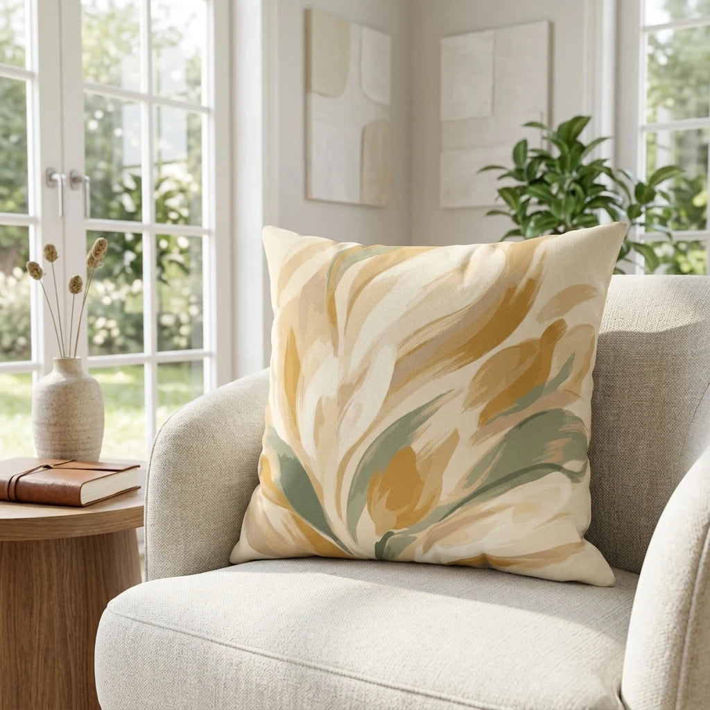 Decorative cushion with an abstract yellow and green floral pattern on a beige armchair in a bright, sunlit living room.