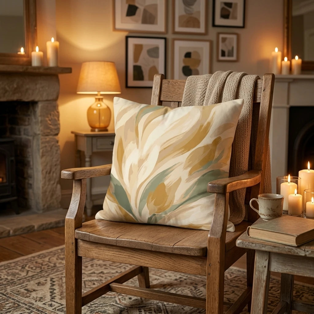 Abstract floral throw pillow with mustard and sage brushstrokes on a wooden armchair in a cozy candlelit living room near a fireplace.