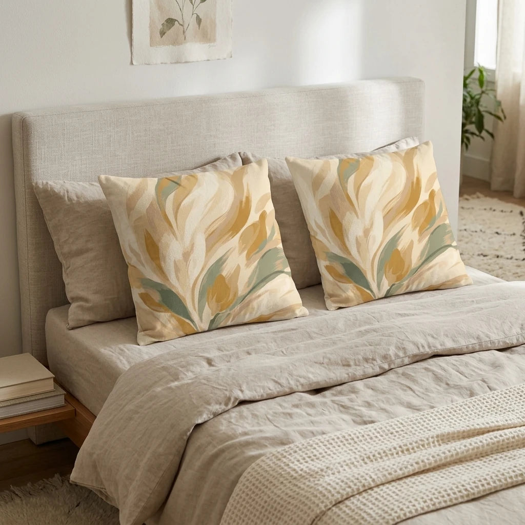 Pair of botanical cushions with abstract mustard and sage patterns on a neutral linen bed with a beige headboard in a minimalist room.