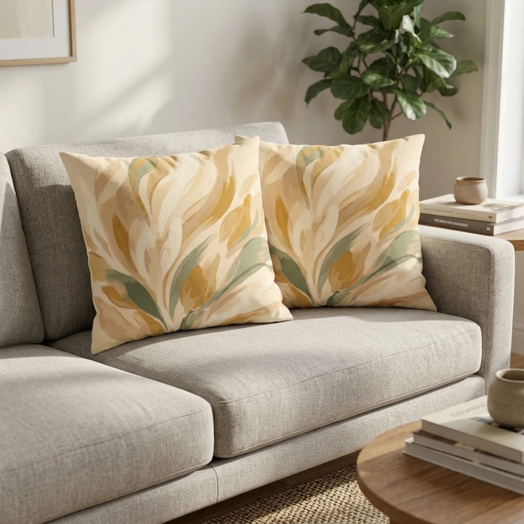Duo of decorative throw pillows with a mustard and sage abstract floral pattern on a grey sofa in a bright, modern living room setting.