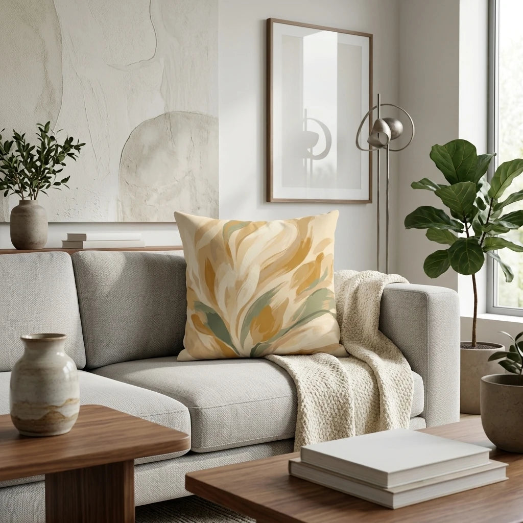 Abstract mustard yellow and sage green patterned throw pillow on a light gray sofa in a modern minimalist living room with houseplants.