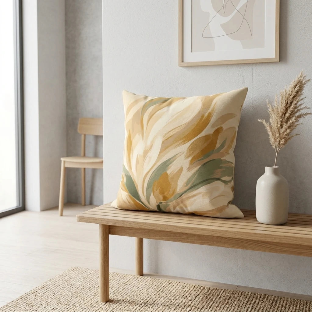 Decorative throw pillow with sage green and mustard floral patterns on a wooden bench in a bright, minimalist room with pampas grass.