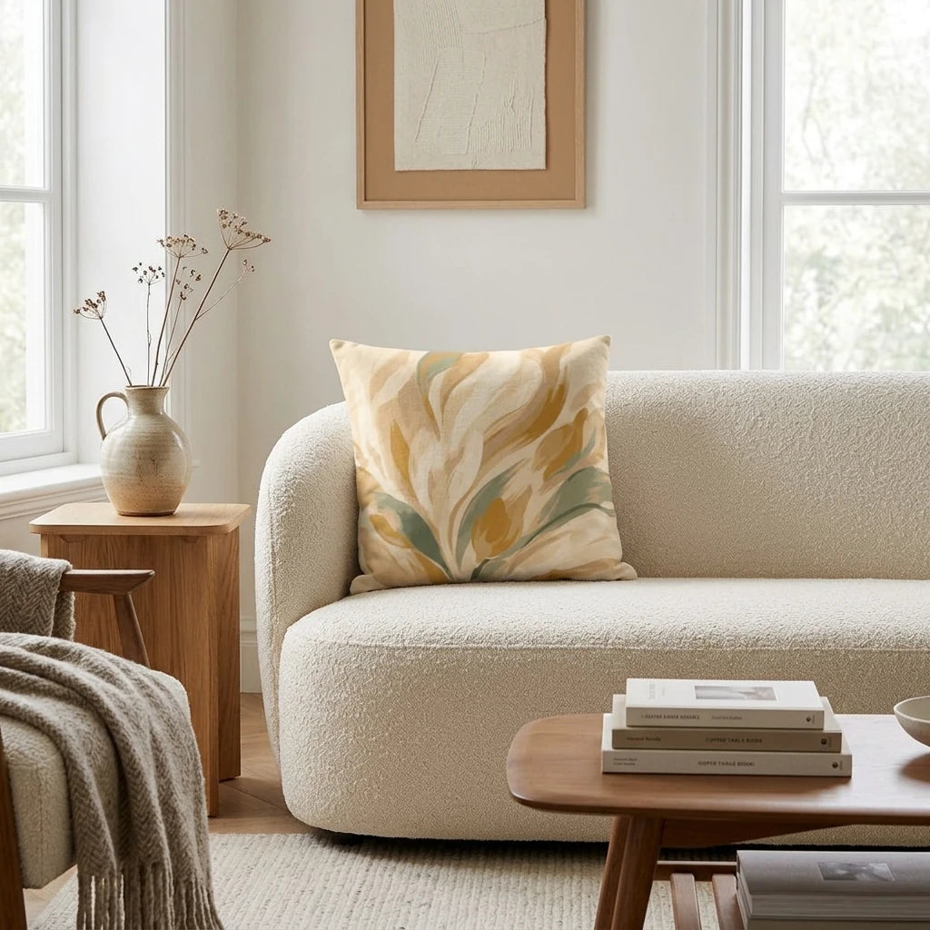 Botanical floral cushion in mustard and sage green on a white bouclé sofa in a minimalist living room with wooden accents.