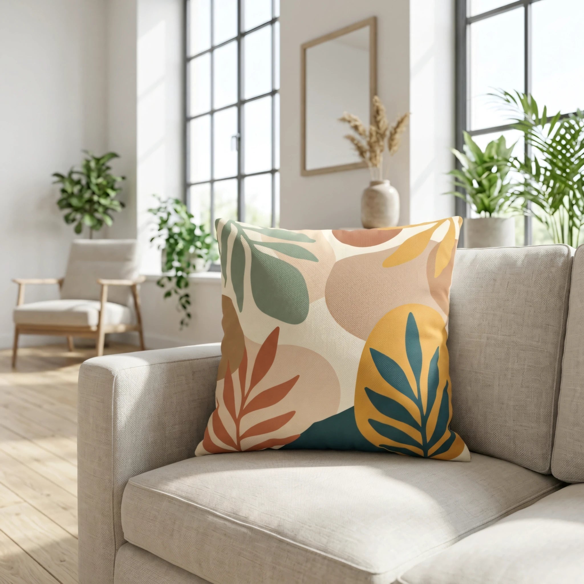 Abstract botanical throw pillow with earthy leaf patterns on a light beige sofa in a bright, modern living room interior with plants.