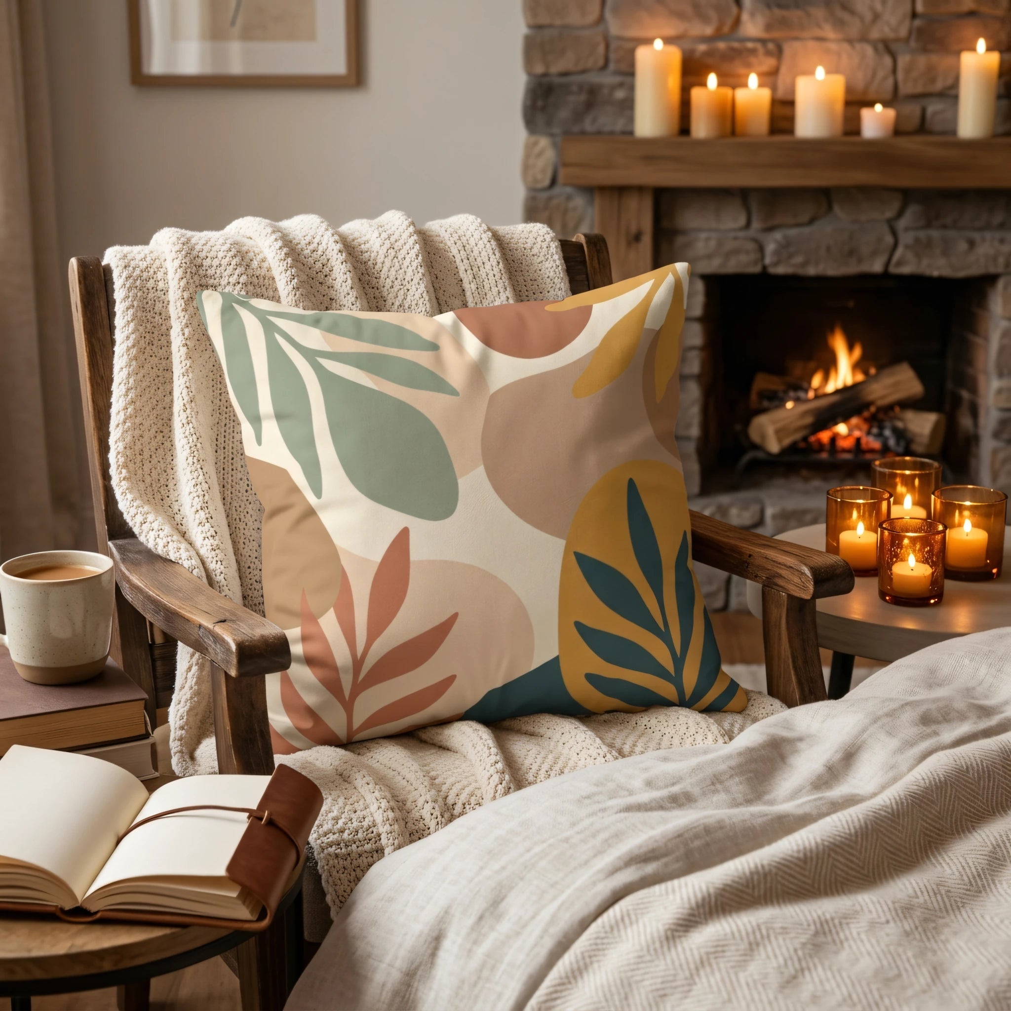 Abstract botanical throw pillow in sage and terracotta tones on a wooden chair in a cosy living room with a fireplace and candles.