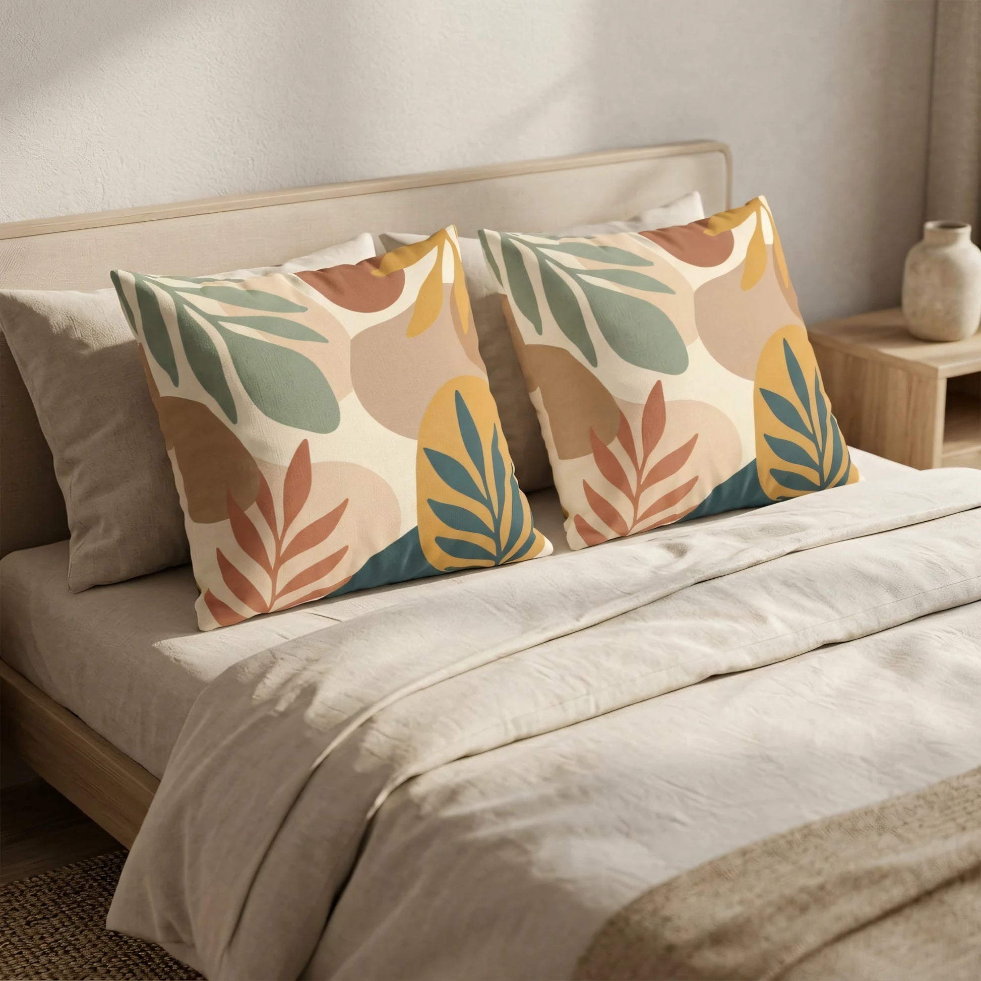 Decorative cushions with abstract botanical patterns in terracotta and sage on a cream bed in a modern minimalist bedroom setting.