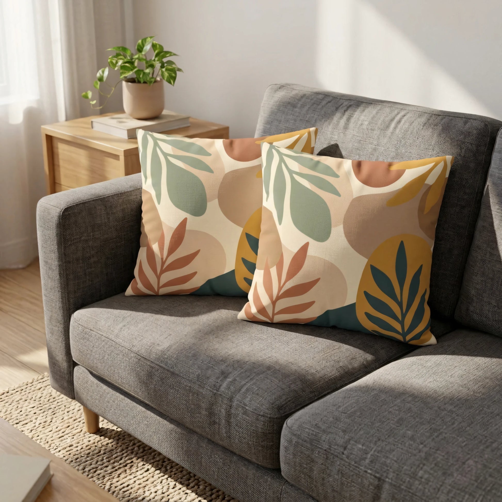 Two decorative pillows with a sage and terracotta botanical pattern on a grey sofa in a bright, sunlit living room setting.
