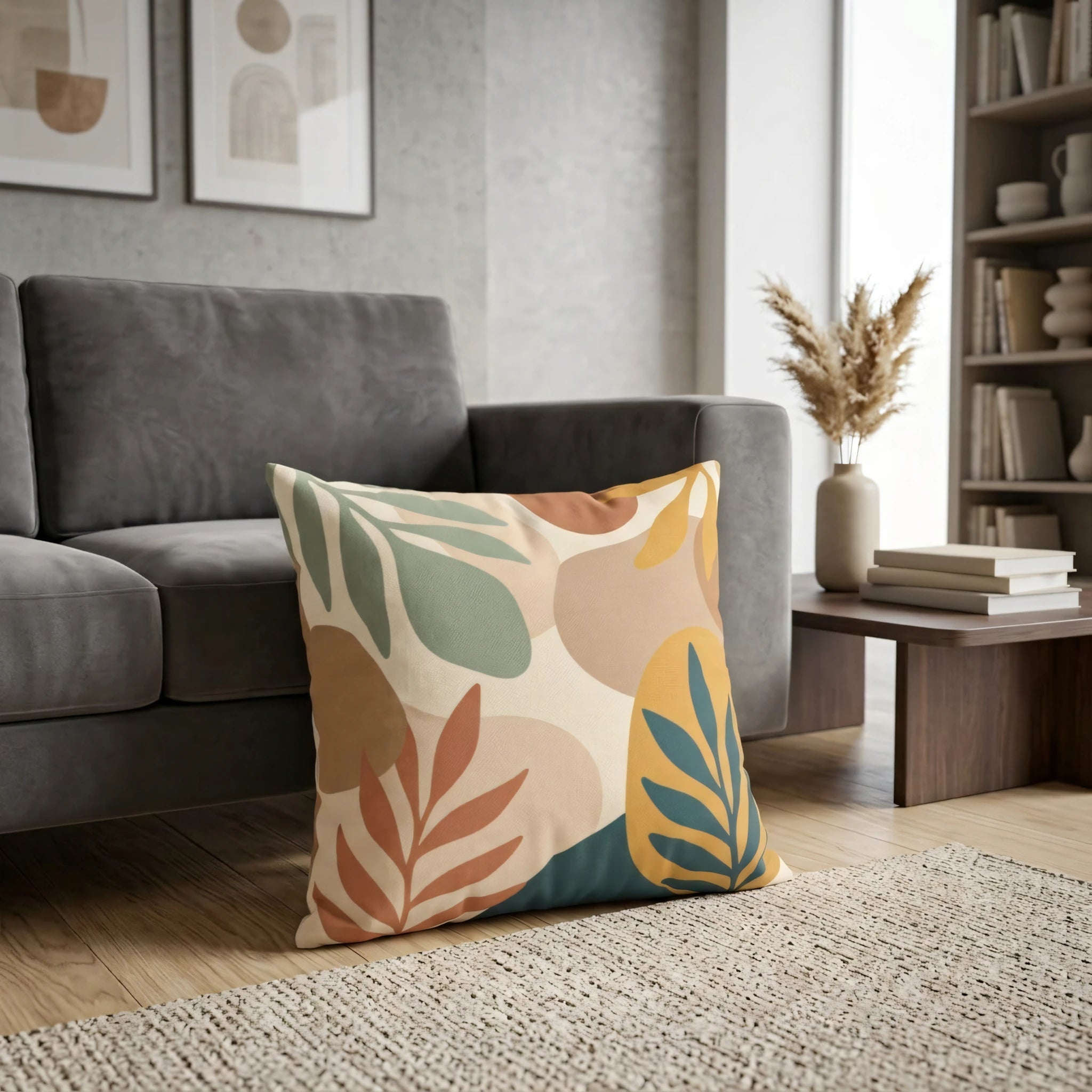 Abstract botanical leaf cushion in terracotta and sage green, styled on the floor of a modern living room next to a grey velvet sofa.