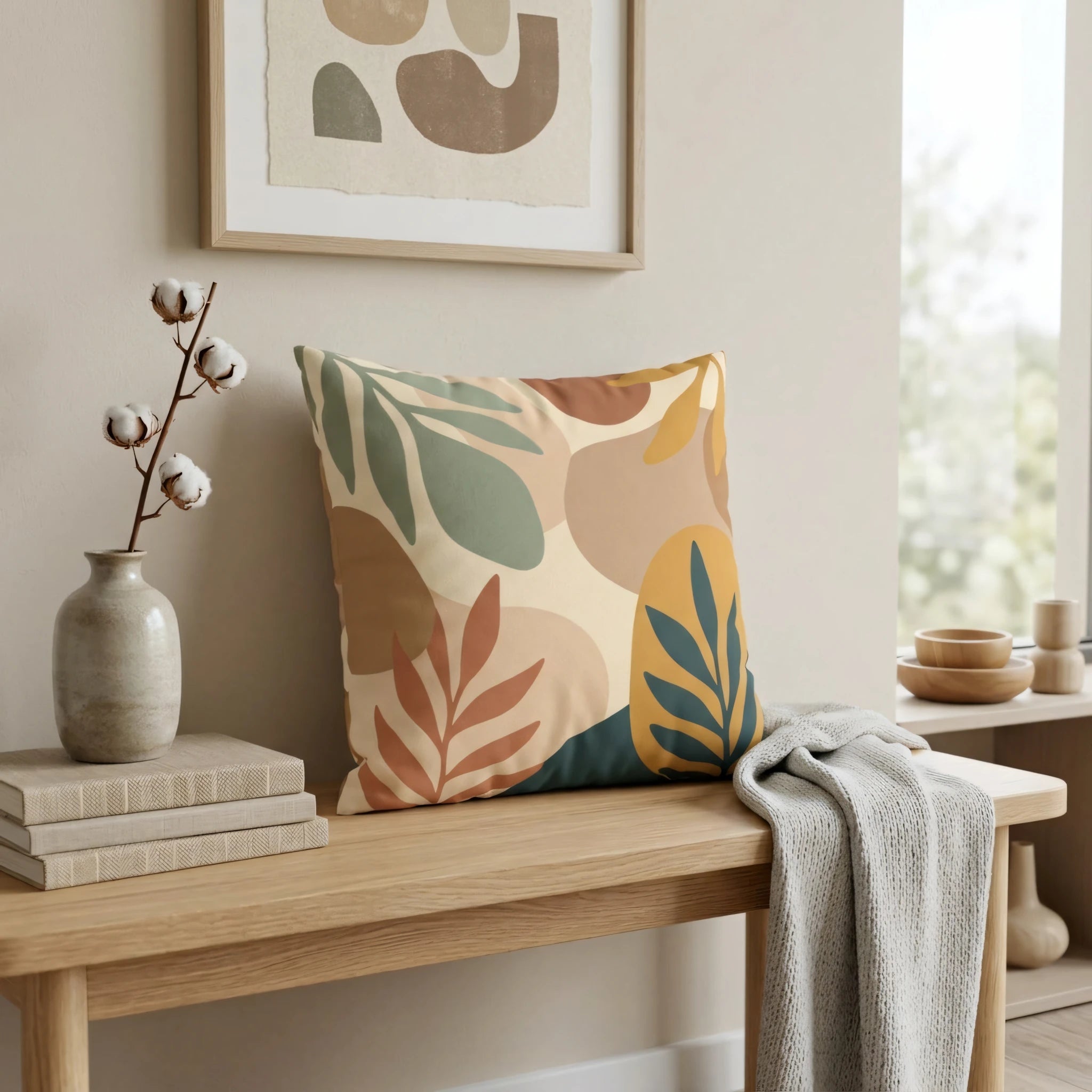 Botanical abstract pattern pillow in sage green and terracotta on a wooden bench in a cozy, minimalist interior setting.