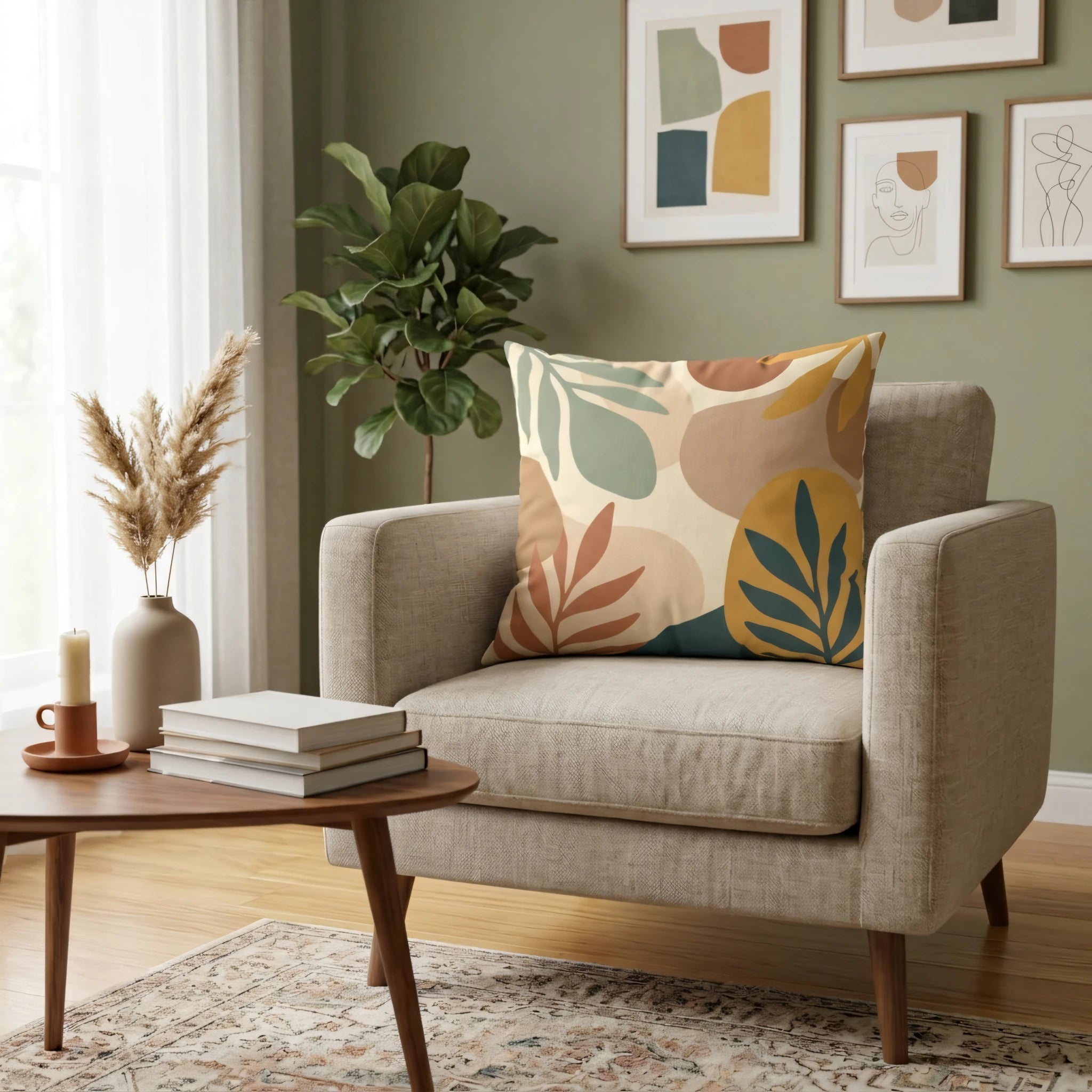 Earthy tone botanical print throw pillow on a beige armchair in a stylish living room with green walls, a plant, and framed abstract art.