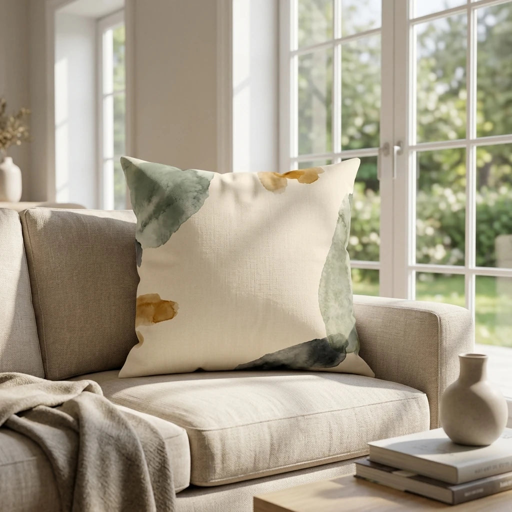 Abstract watercolor throw pillow with sage green and ochre patterns on a neutral sofa in a bright, sunlit living room lifestyle shot.