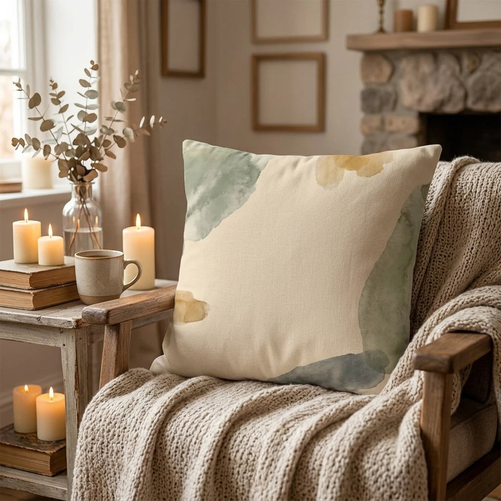 Watercolor abstract throw pillow in sage and mustard on a cozy wooden chair with a knit blanket, candles, and mug in a warm living room.