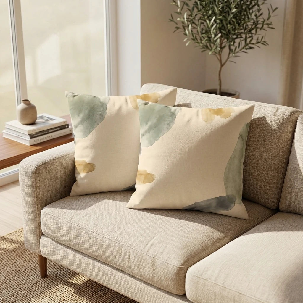 Set of two pillows with abstract watercolor patterns in sage and mustard on a beige linen sofa in a bright living room.
