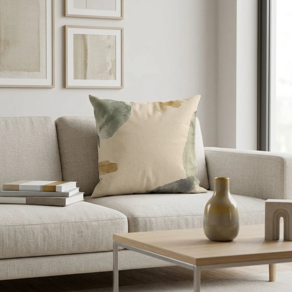 Abstract watercolor throw pillow with sage green and mustard yellow patterns on a neutral sofa in a modern minimalist living room.
