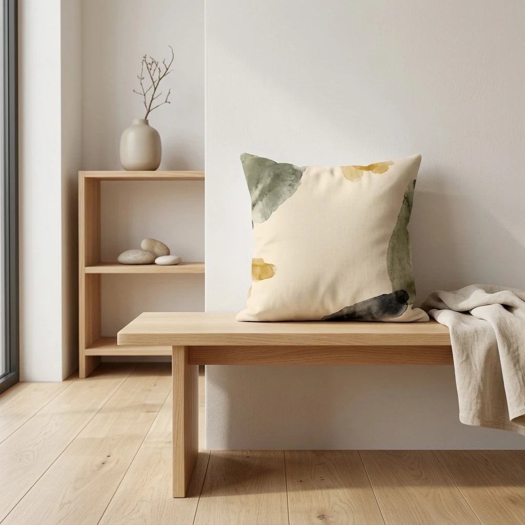 Abstract watercolor decorative cushion in olive green and yellow tones displayed on a light wood bench in a minimalist interior setting.