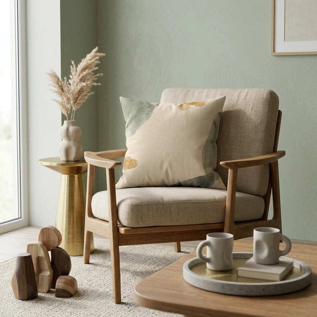 Abstract watercolor patterned cushion on a wooden armchair in a cozy modern living room with sage green walls and neutral decor.