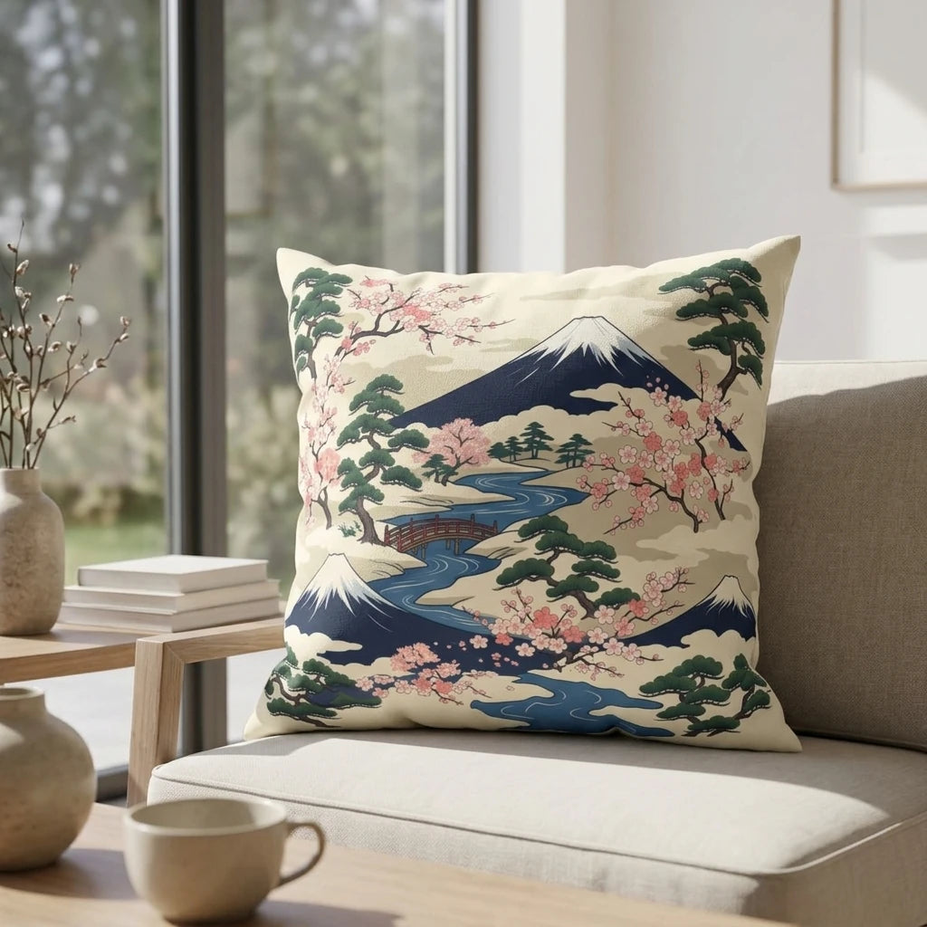 Decorative cushion with a Japanese art print of Mount Fuji and cherry blossoms on an armchair in a bright, modern living room interior.