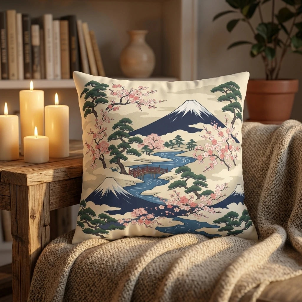 Japanese landscape pillow with Mount Fuji and cherry blossoms in a cozy room setting on a beige knit blanket with warm lit candles.
