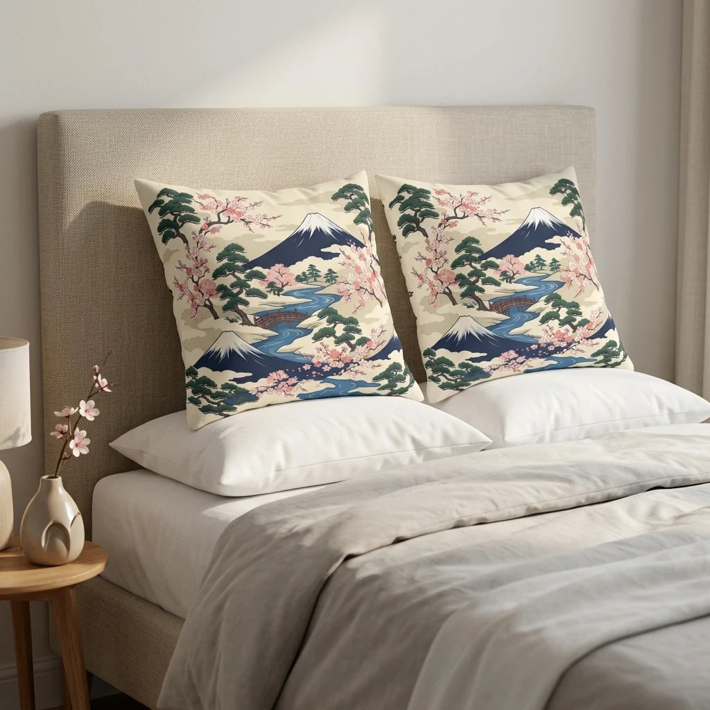 Decorative cushions with Japanese Mount Fuji and cherry blossom patterns on a bed with neutral linens and a minimalist headboard.