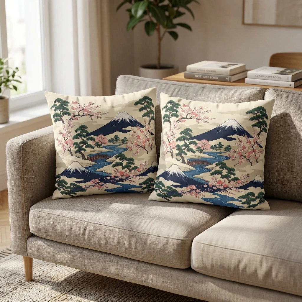 Two decorative cushions on a sofa featuring a Japanese art print with Mount Fuji, pink cherry blossoms, and a river in a bright living room.