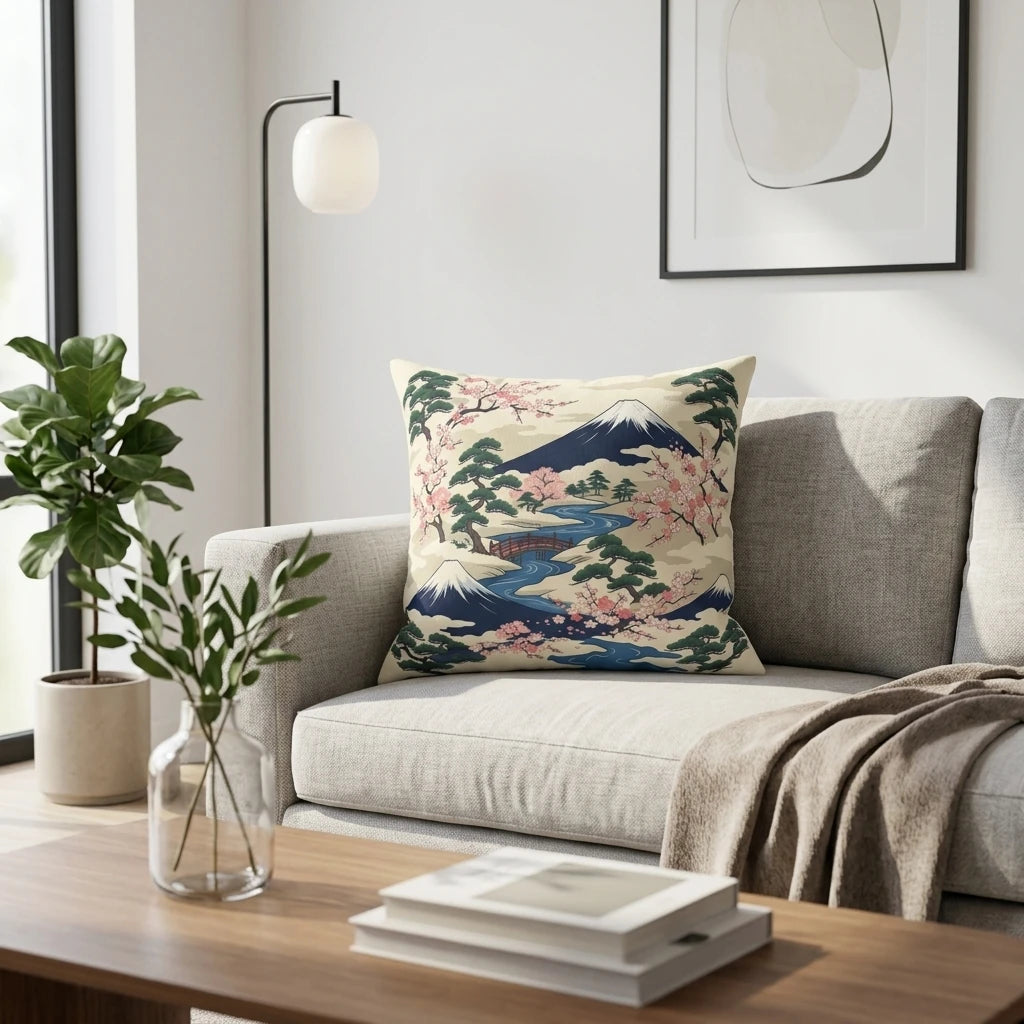 Decorative cushion with Japanese landscape art and cherry blossoms on a grey sofa in a modern minimalist living room setting.
