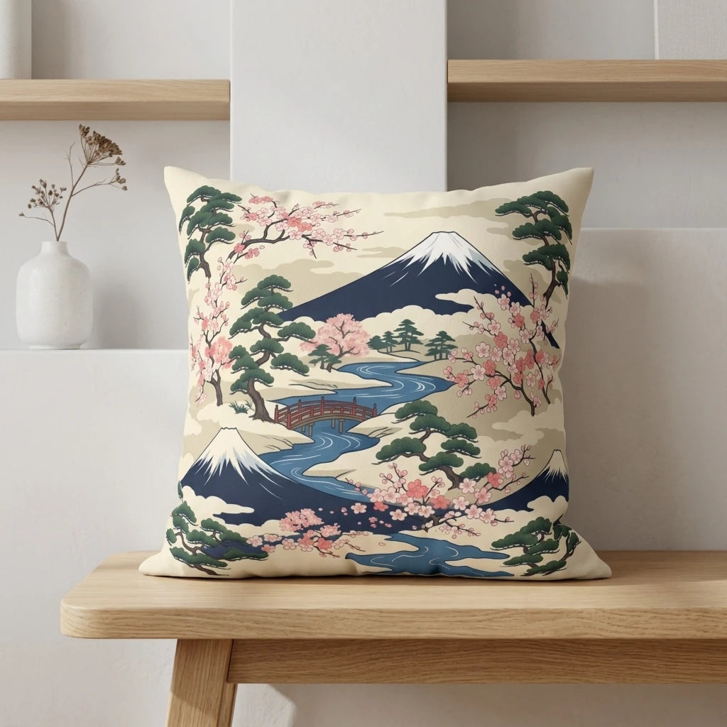 Japanese landscape throw pillow featuring Mount Fuji and cherry blossoms on a wooden bench in a bright, minimalist modern interior setting.