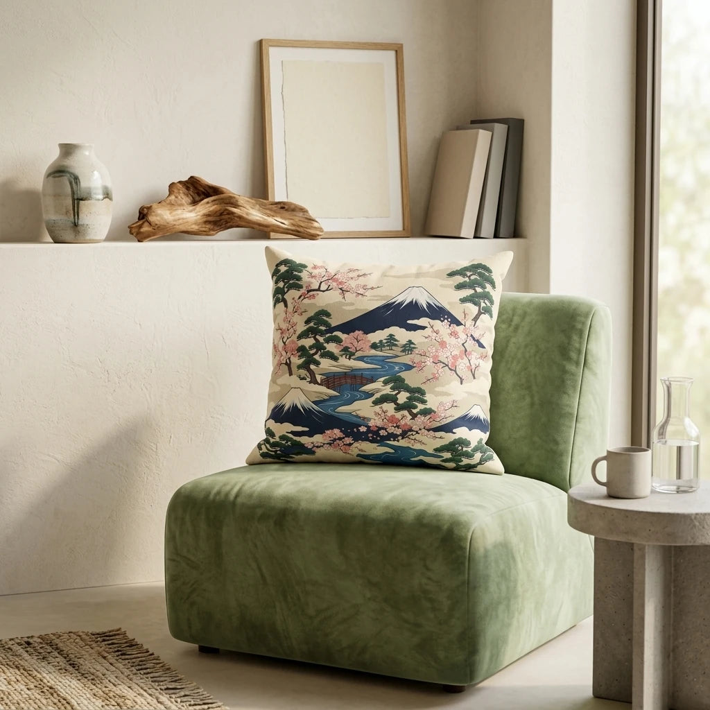 A Japanese-style pillow with Mount Fuji and cherry blossoms displayed on a sage green velvet chair in a minimalist interior.
