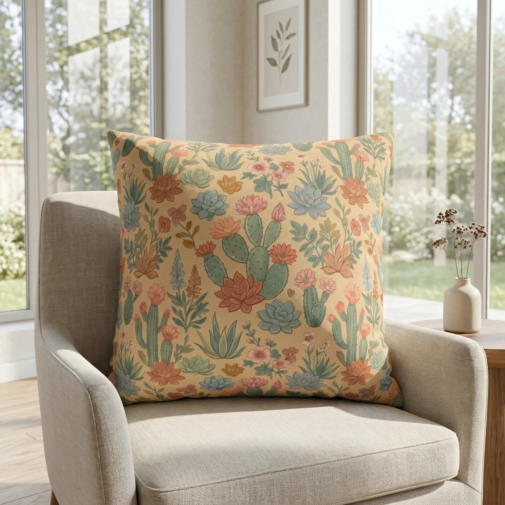 Botanical cactus pattern pillow on a beige armchair in a bright room with large windows, featuring peach, terracotta, and sage green desert plants.