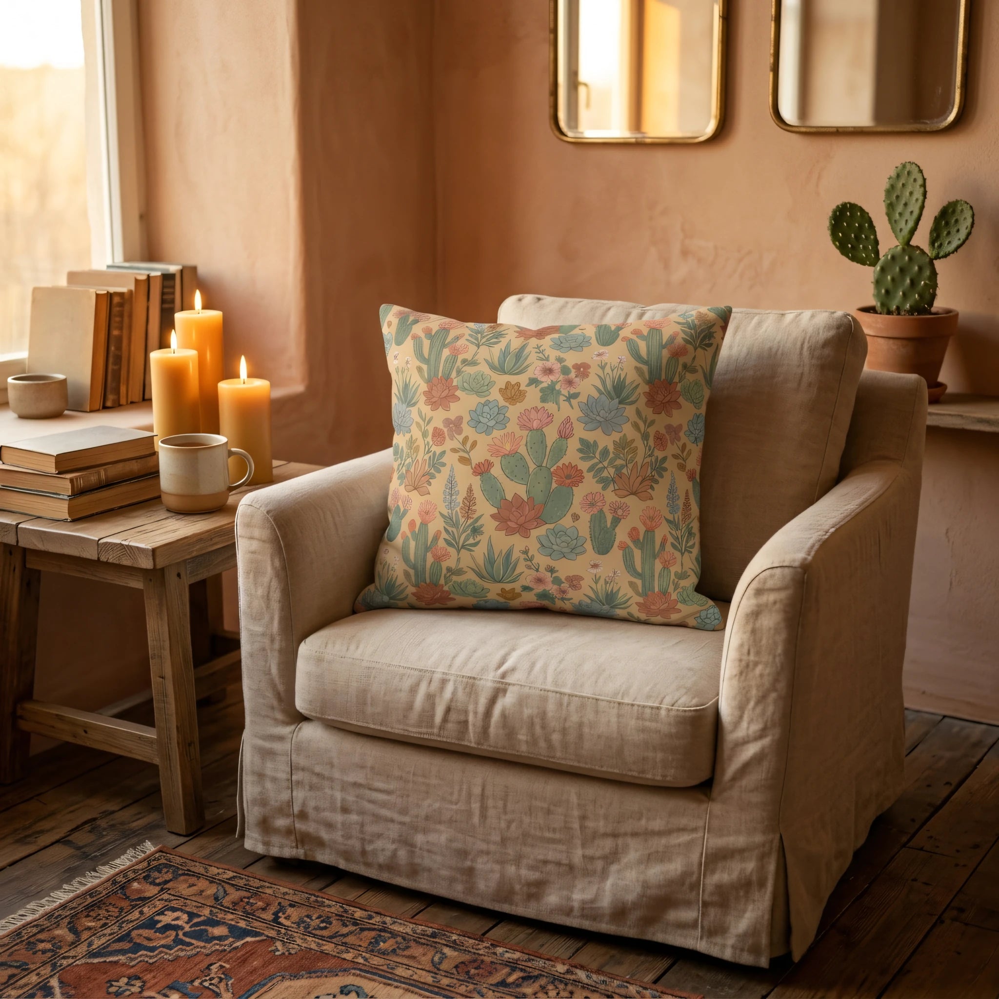 Cactus pattern throw pillow on a beige armchair in a cozy, rustic room with lit candles and books, perfect for warm home decor inspiration.